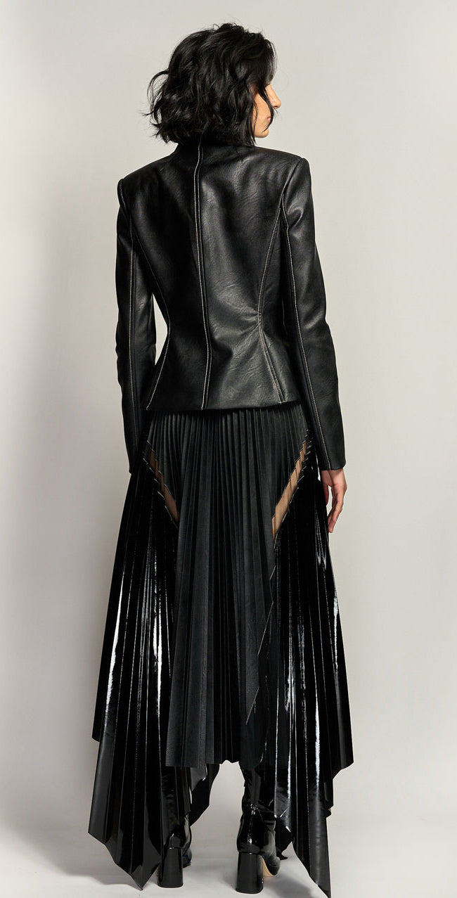 Onyx Vegan Leather, Patent and Tulle Pleated Skirt