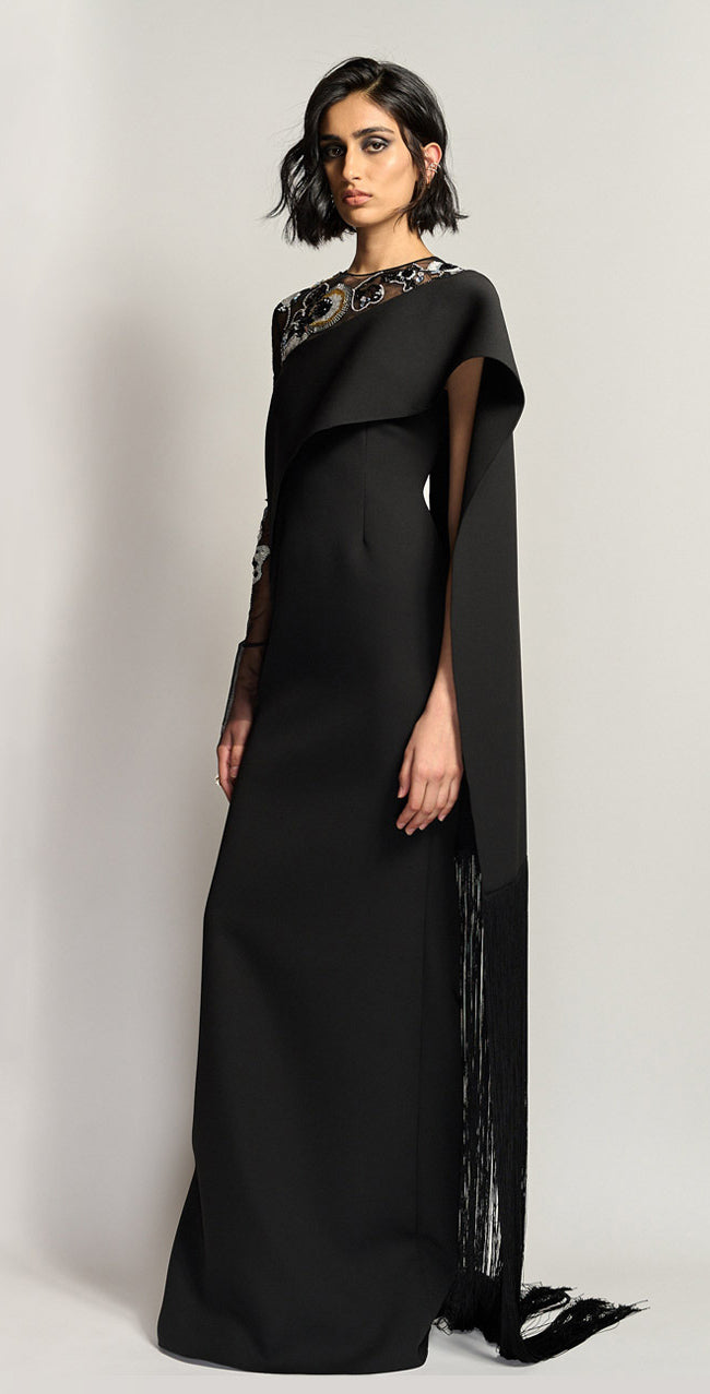Onyx Cady Sari Dress with Amaryllis Embroidery and Fringe Detail