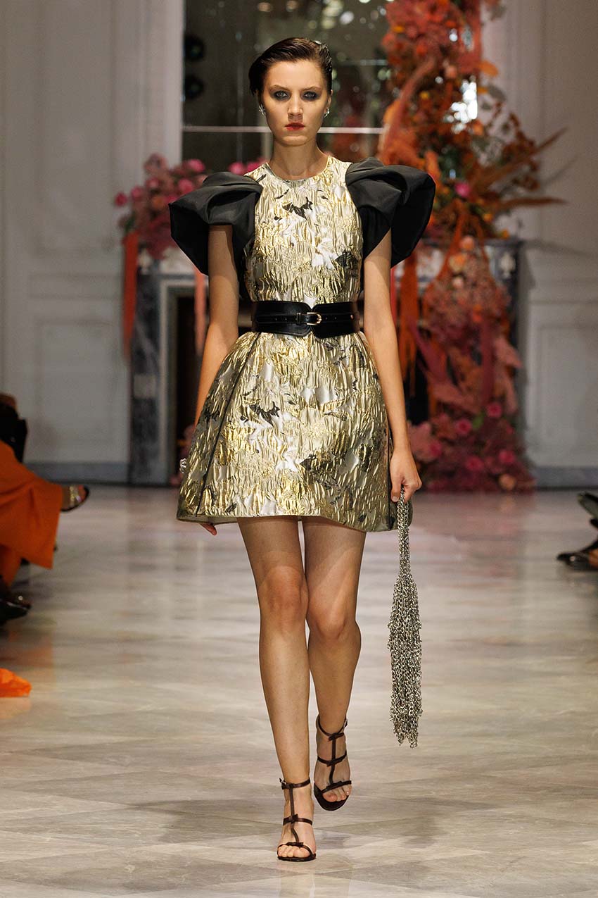Marble Jacquard Mini Dress With Black Faille Winged Shoulders Marble Jacquard Mini Dress With Black Faille Winged Shoulders