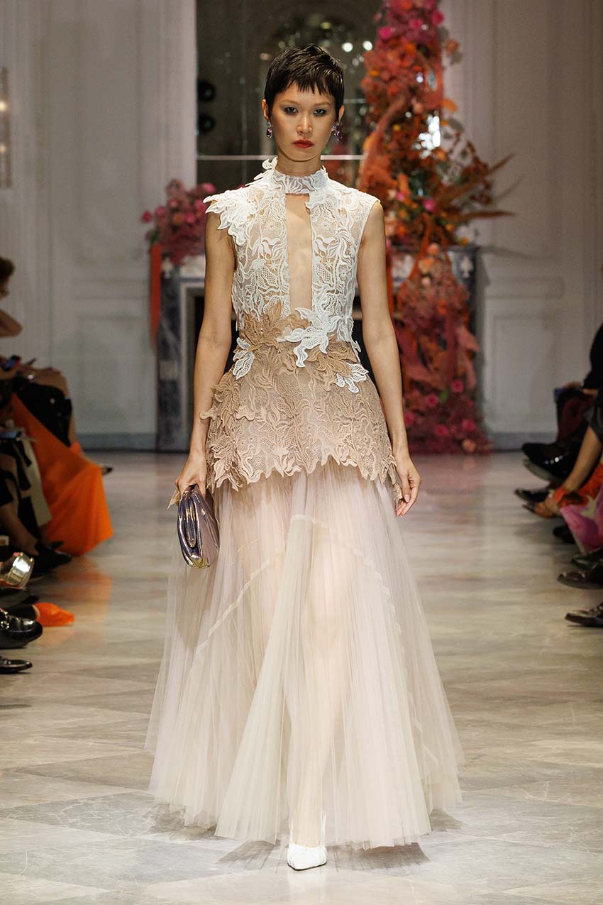 knee length dresses for ladies Ivory and Almond Nomad Lace Gown with Almond Pleated Tulle Skirt