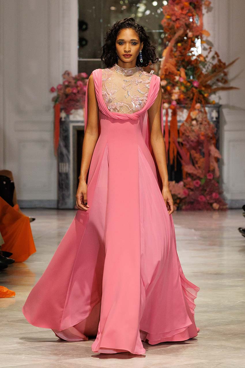 Camellia Crepe and Chiffon Gown with Glass Petal Embroidery Bodice Camellia Crepe and Chiffon Gown with Glass Petal Embroidery Bodice