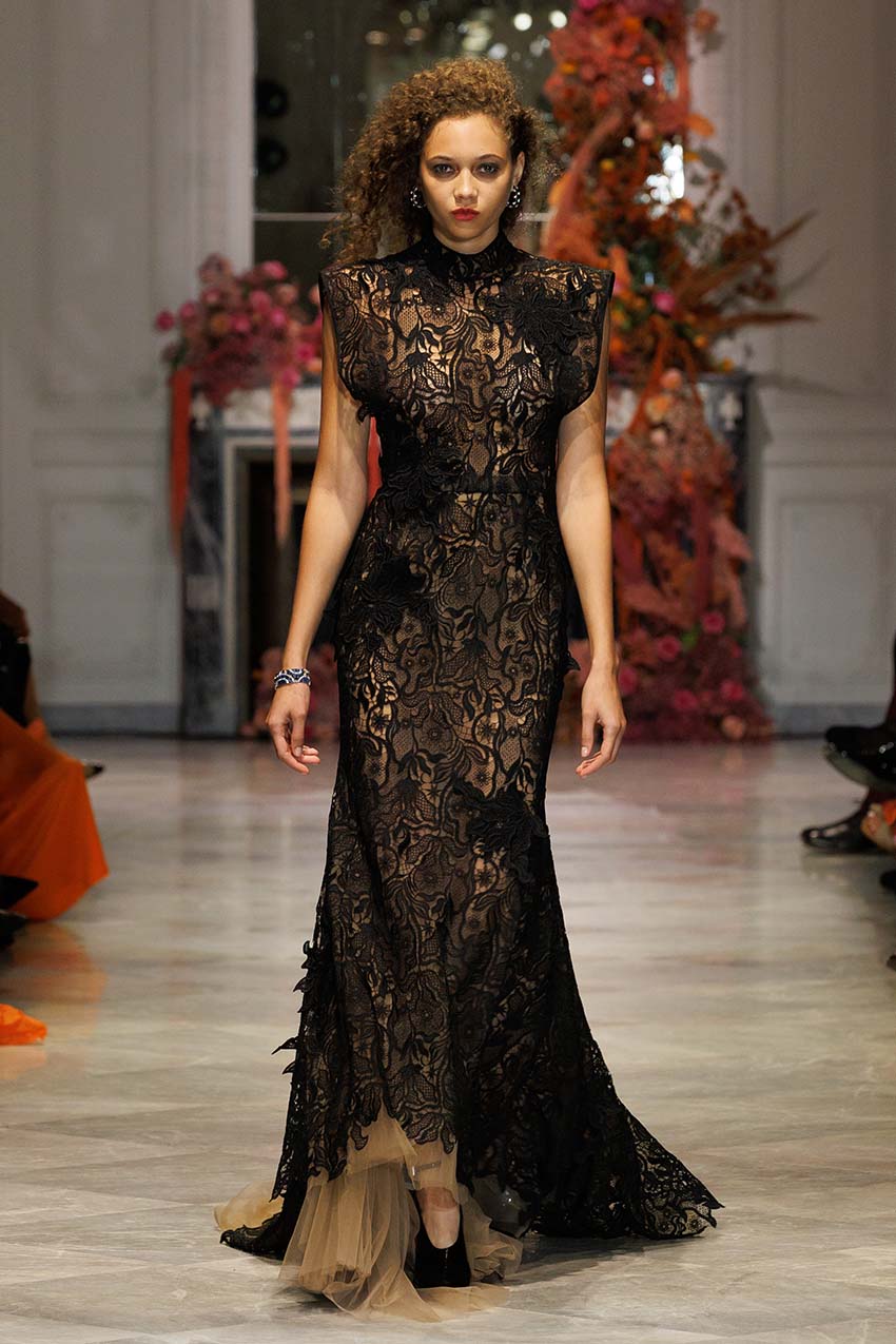 Black Nomad Lace Column Gown with Trumpet Train Black Nomad Lace Column Gown with Trumpet Train