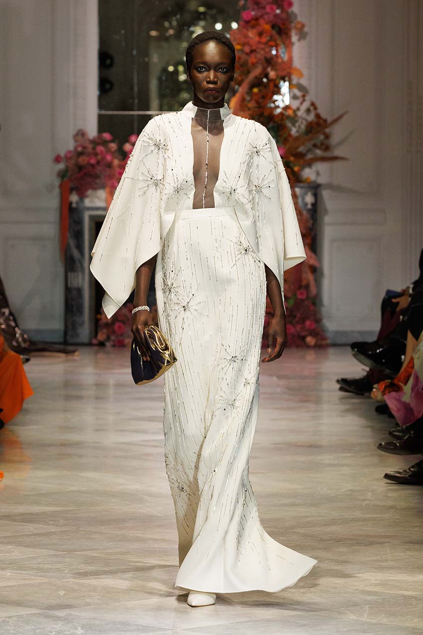 Ivory Cady Starburst Embroidered Column Gown With Draped Wings Ivory Cady Starburst Embroidered Column Gown With Draped Wings