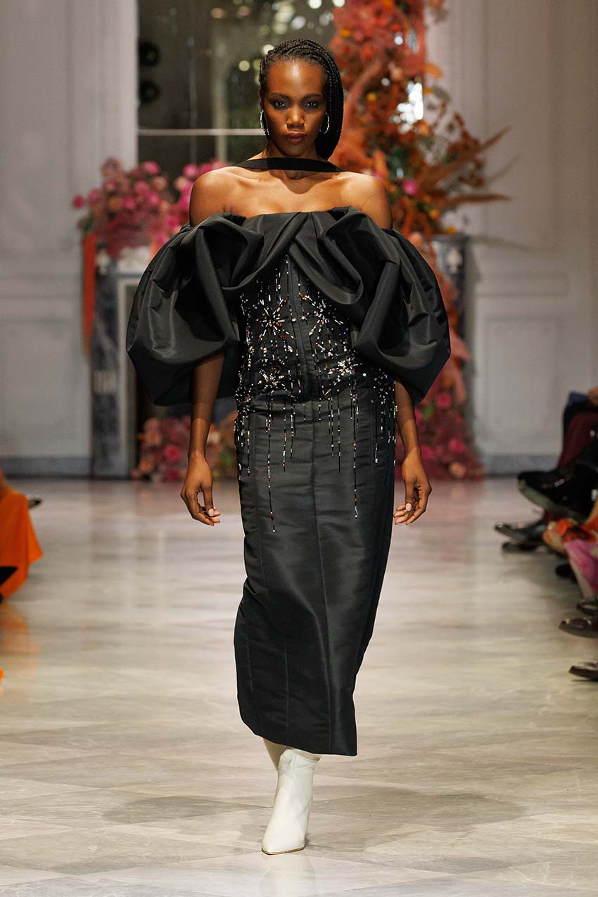 Sunburst Embroidered Black Faille Dress with Draped Cloud Sleeves Sunburst Embroidered Black Faille Dress with Draped Cloud Sleeves