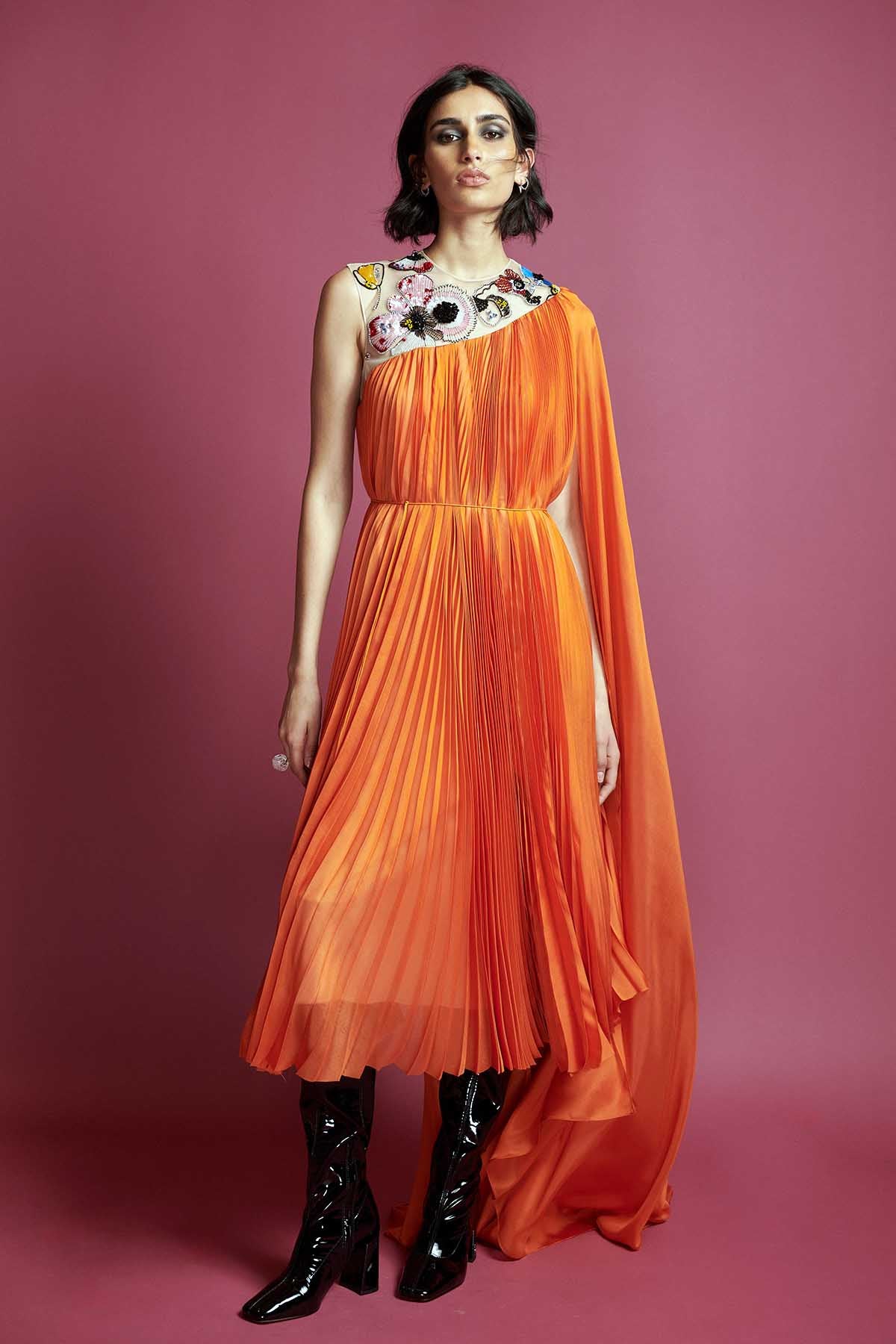 Amaryllis Embroidered Silk Chiffon Pleated Cocktail Dress with Cape Detail and Self Belt Amaryllis Embroidered Silk Chiffon Pleated Cocktail Dress with Cape Detail and Self Belt