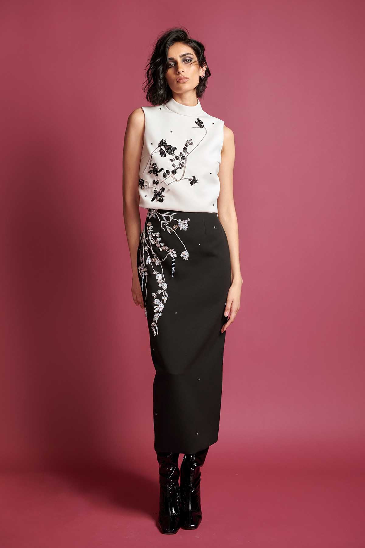 Onyx Cady and Faille Skirt with Crystal Iris Vine Embroidery