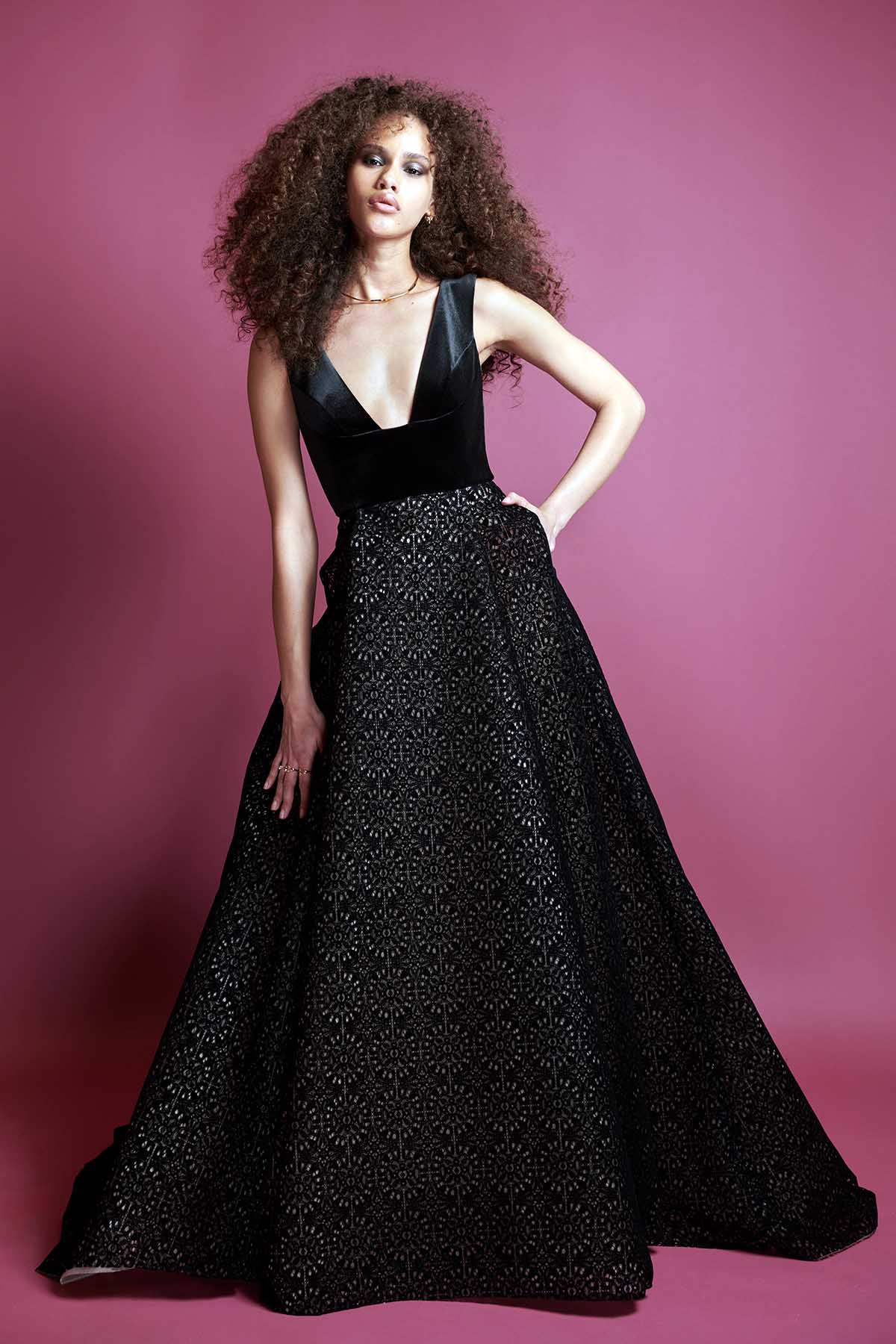 Velvet and Flocked Lace Ball Gown with Pockets