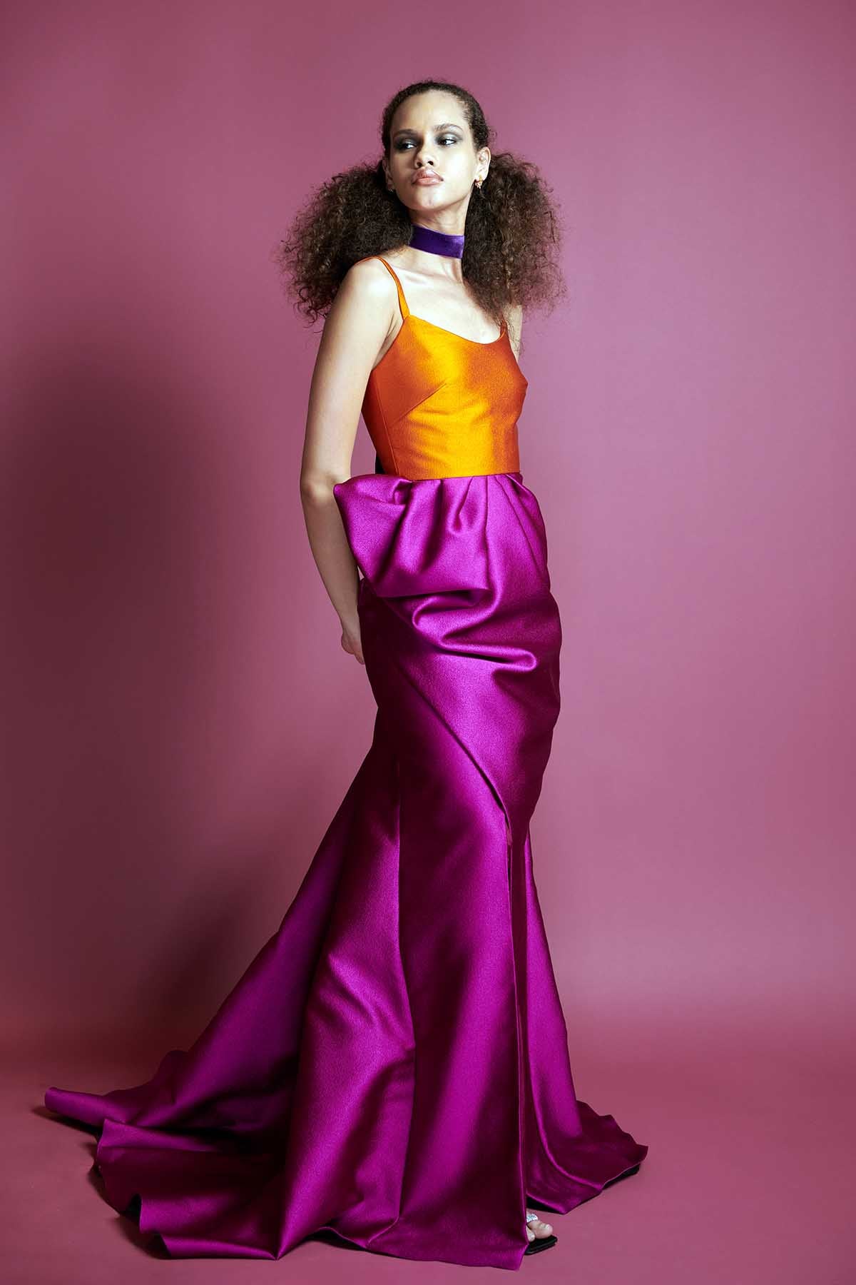 Color Block Pebbled Barathea Gown With Petal Draped Skirt Color Block Pebbled Barathea Gown With Petal Draped Skirt