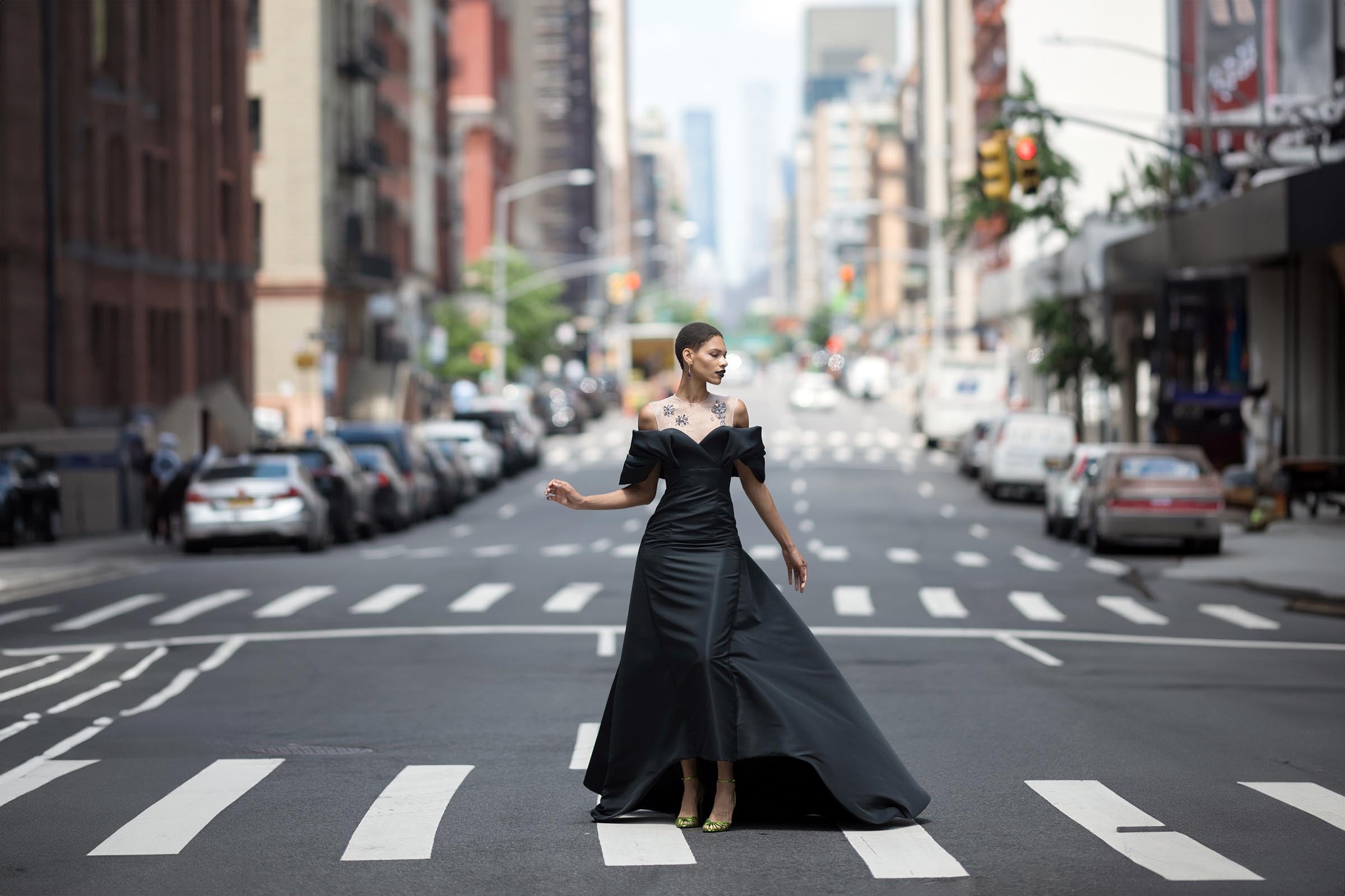 model in new york wearing black gown