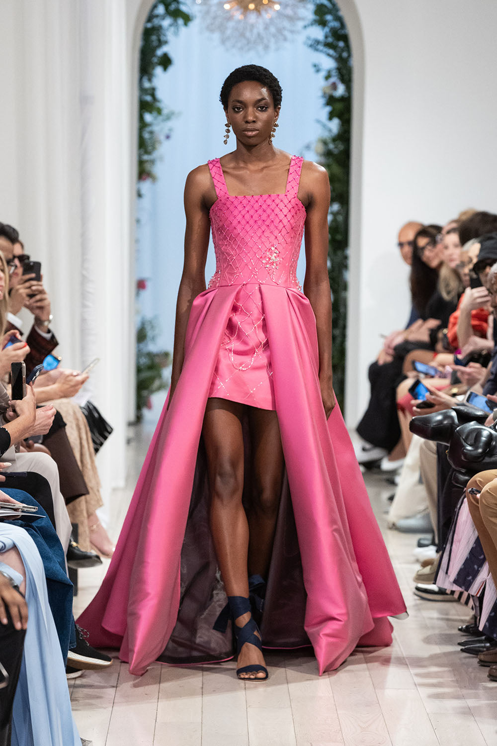 French Fuchsia Double Faced Satin Gown with Crystal Lattice Embroidery