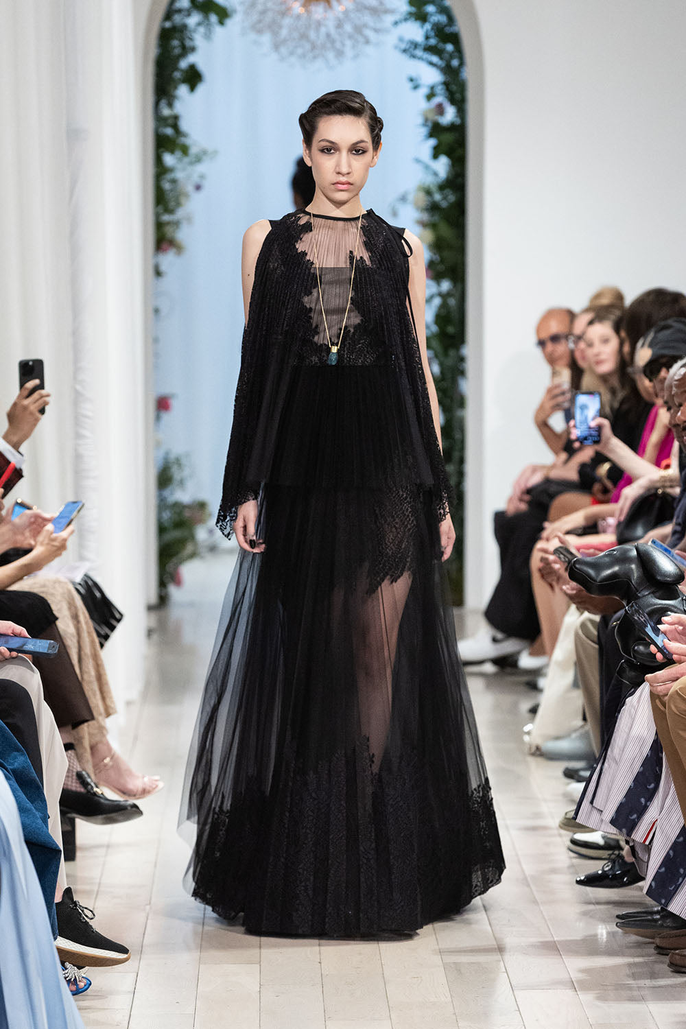 Pleated Locust Leaf lace Gown with Halter Pleated Top Pleated Locust Leaf lace Gown with Halter Pleated Top