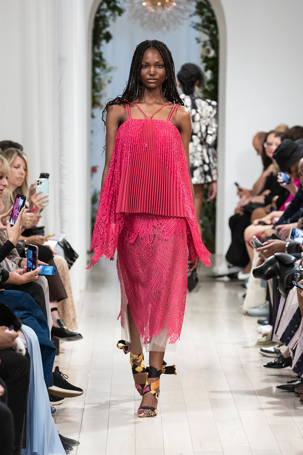 Pleated French Fuchsia and Locust Leaf Lace Dress