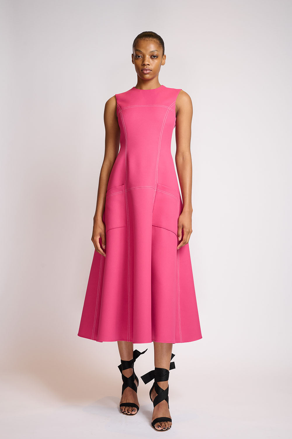 Fuchsia Crepe Panelled Day Dress With Pockets Fuchsia Crepe Panelled Day Dress With Pockets