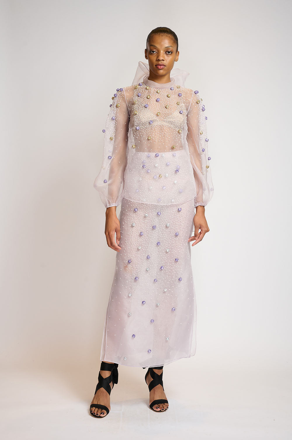 Lilac Silk Organza Skirt With Sequined Pearl Embroidery