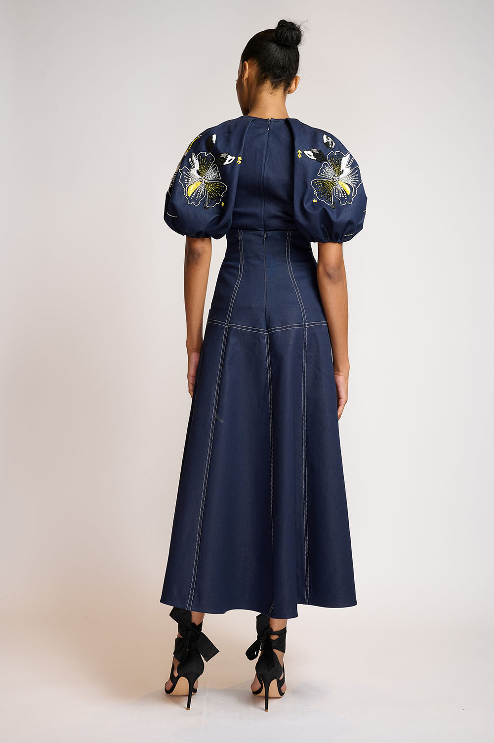 Indigo denim high waisted paneled safari skirt