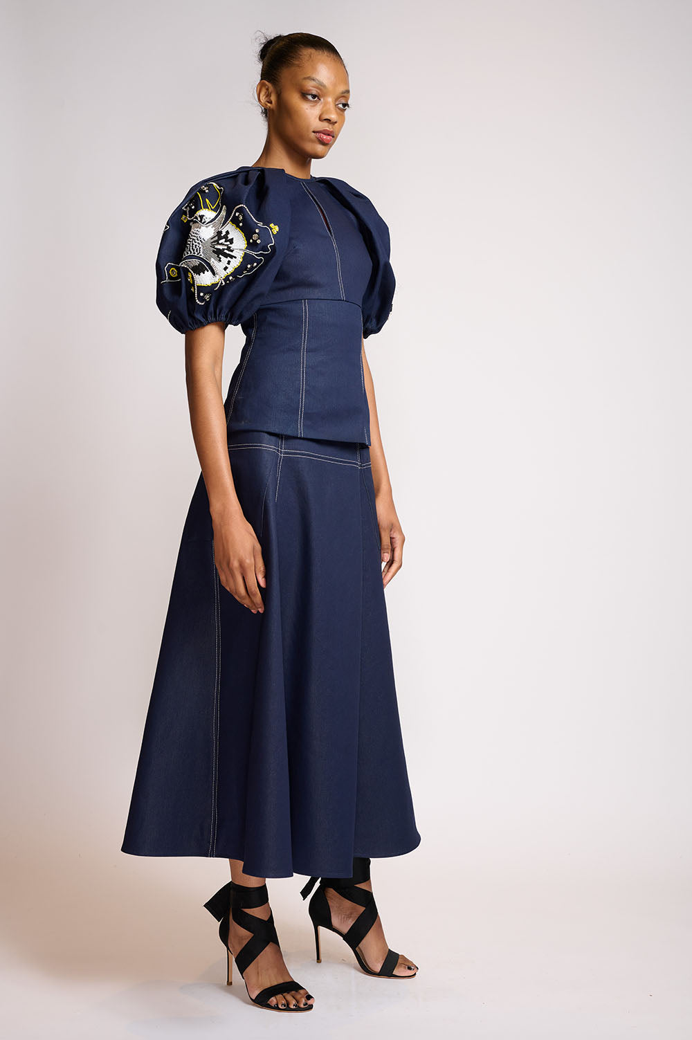 Indigo denim high waisted paneled safari skirt