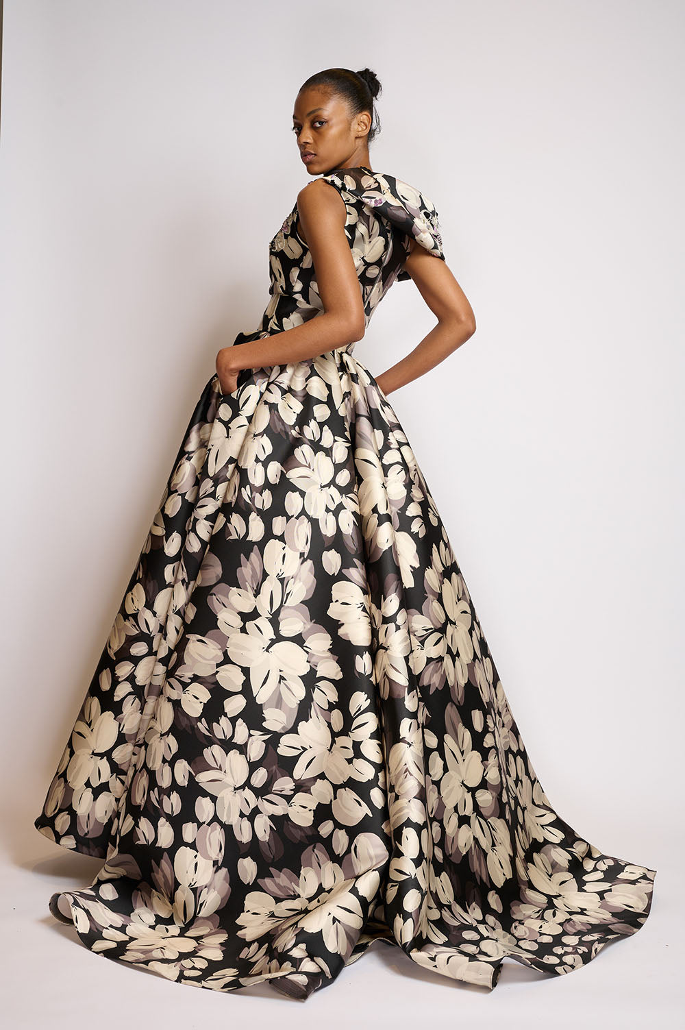Sepia Blossom Printed Twill Gown