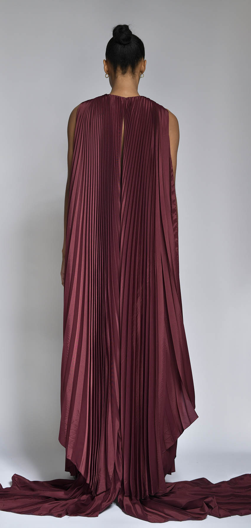 Claret Pleated Twill Gown with Cape