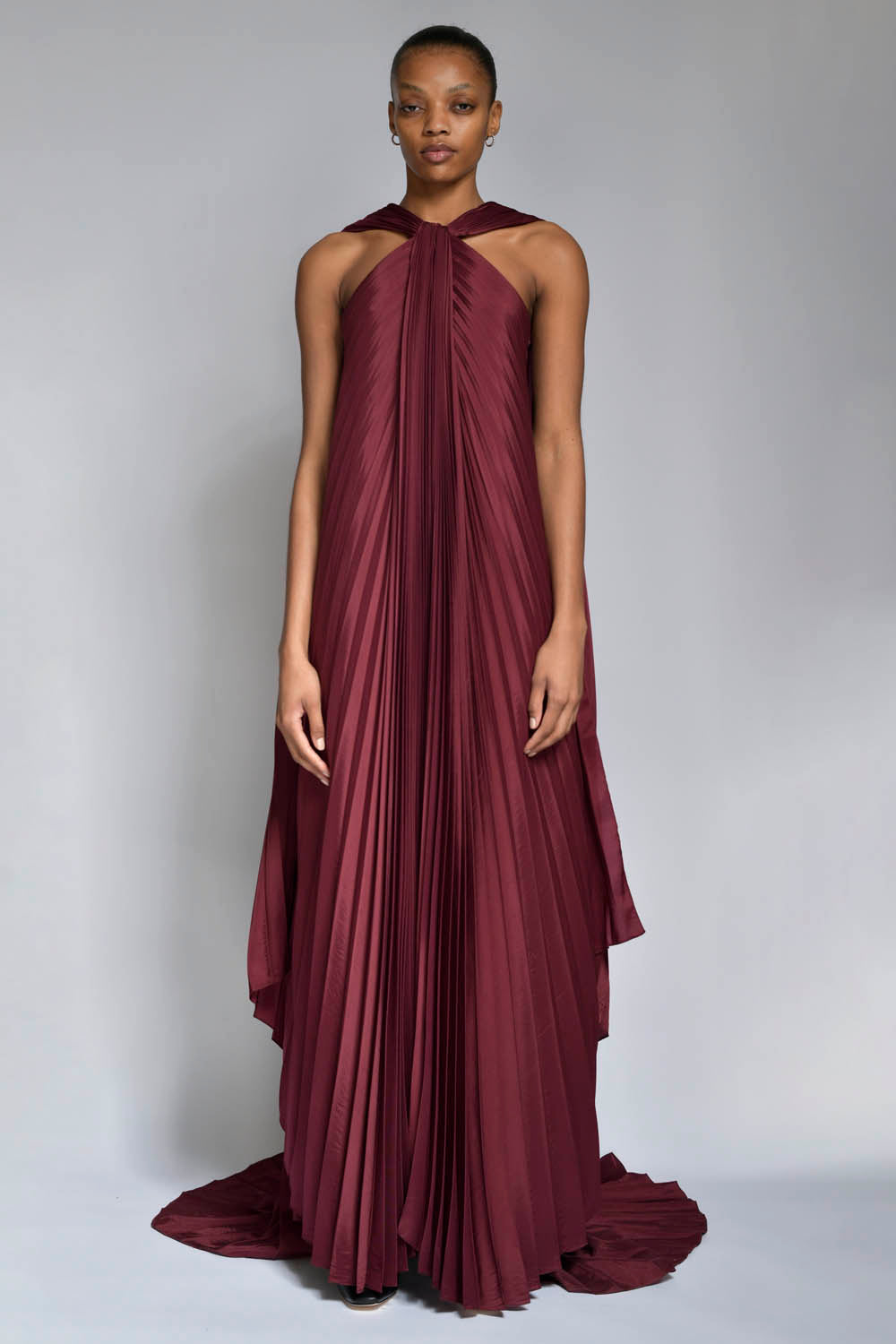 Claret Pleated Twill Gown with Cape