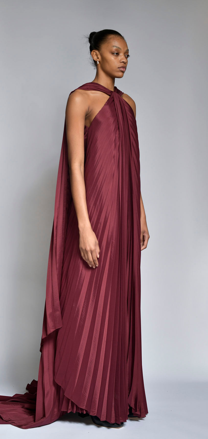 Claret Pleated Twill Gown with Cape