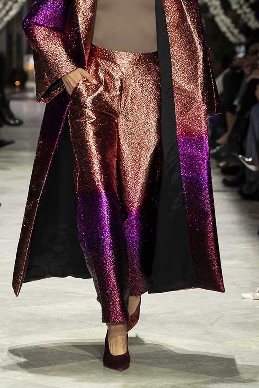 Fuchsia/Copper trousers Look 11