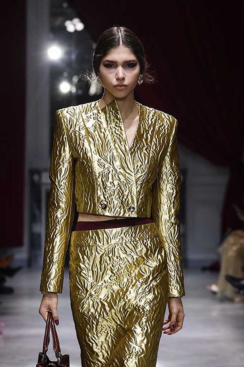 Hema Embossed Gold Jacquard Cropped Blazer