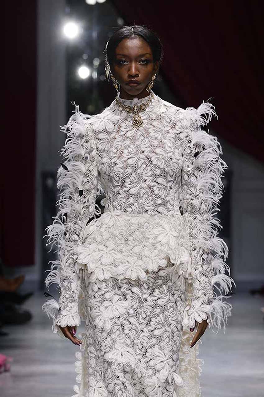 Ivory Padma Lace Top with Peplum Train and Pañjara Embroidery