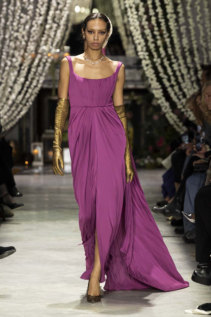 chinese dress ladies Berry Satin Crepe Sari Dress with Hand Pleated Cape