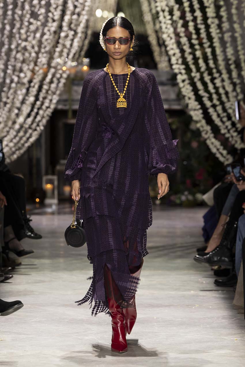 Plum Flocked Lace Dress with Guipure Flower Appliqu Plum Flocked Lace Dress with Guipure Flower Appliqu