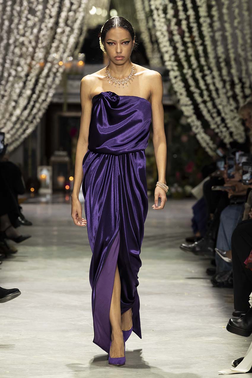 purple runway dress Versace Spring 2023: Goths, Brides, and Directional Purple