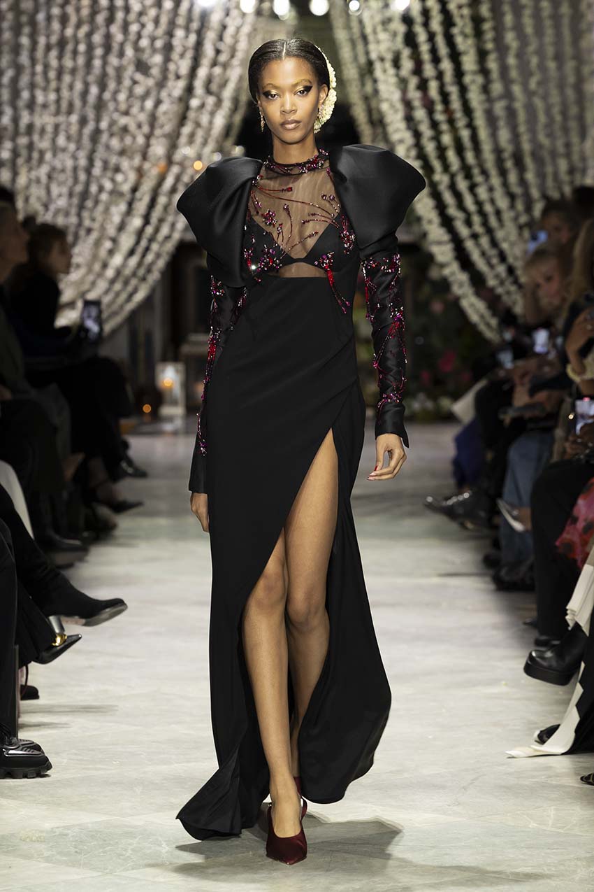Black Crepe and Tulle Jhoti Embroidery Gown with Drape Gazar Sleeves