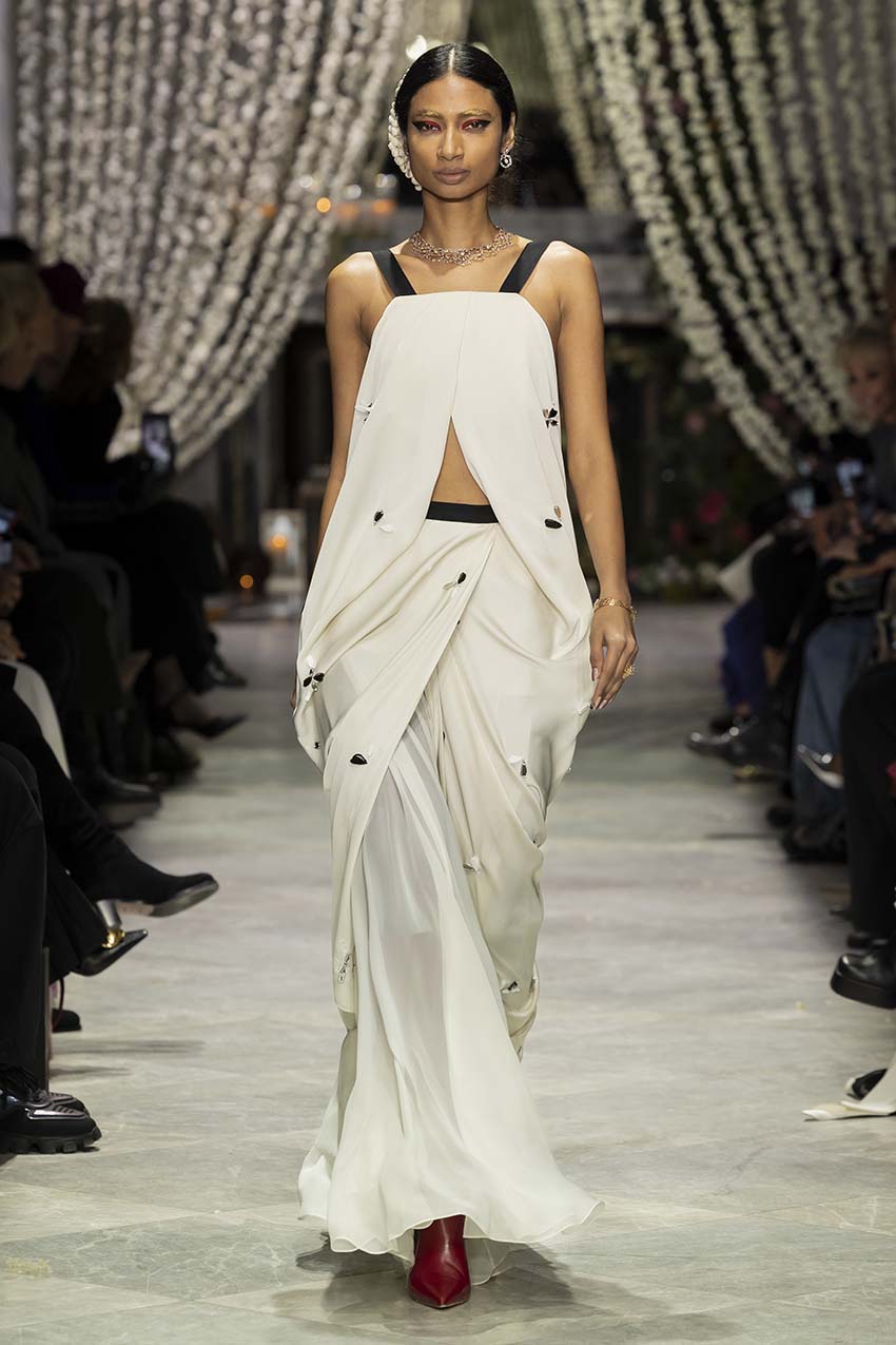 Stone Satin Crepe Palazzo Dress with Mirror Petals Embroidery and Silk