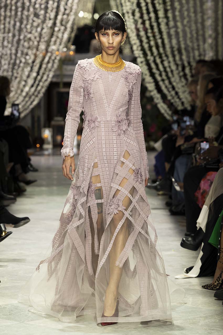 flocked floral tulle maxi dress Mauve Flocked Lace and Tulle Gown with Floral Appliqué