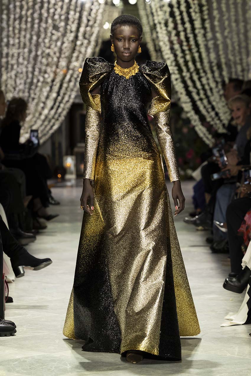 ombre gold dress Black/Gold Ombré Lurex Rani Gown with Drape Sleeves brand_Primavera Couture