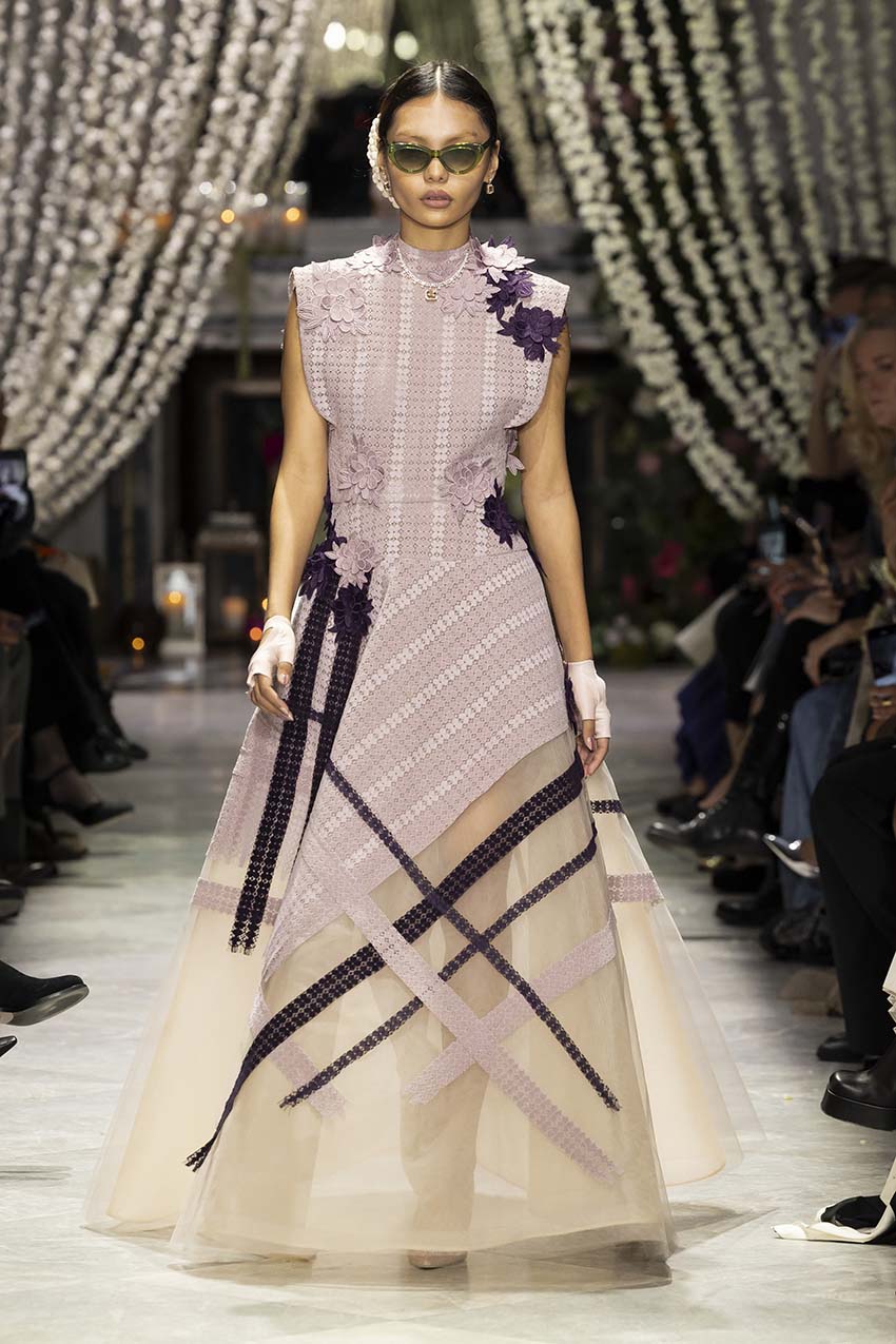 Mauve Flocked Lace Tulle Ball Dress with Flower Appliqué