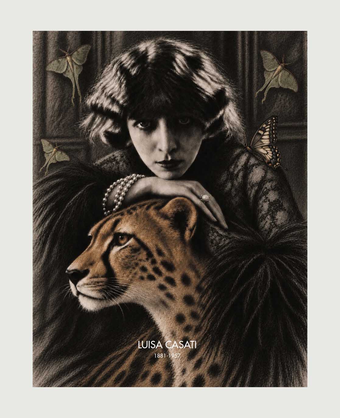 A black and white art print featuring a 1920s flapper woman with a feathered hat and a cheetah, with butterflies in the background. The text 'LUISA CASATI' and '1911-1991' is printed at the bottom.