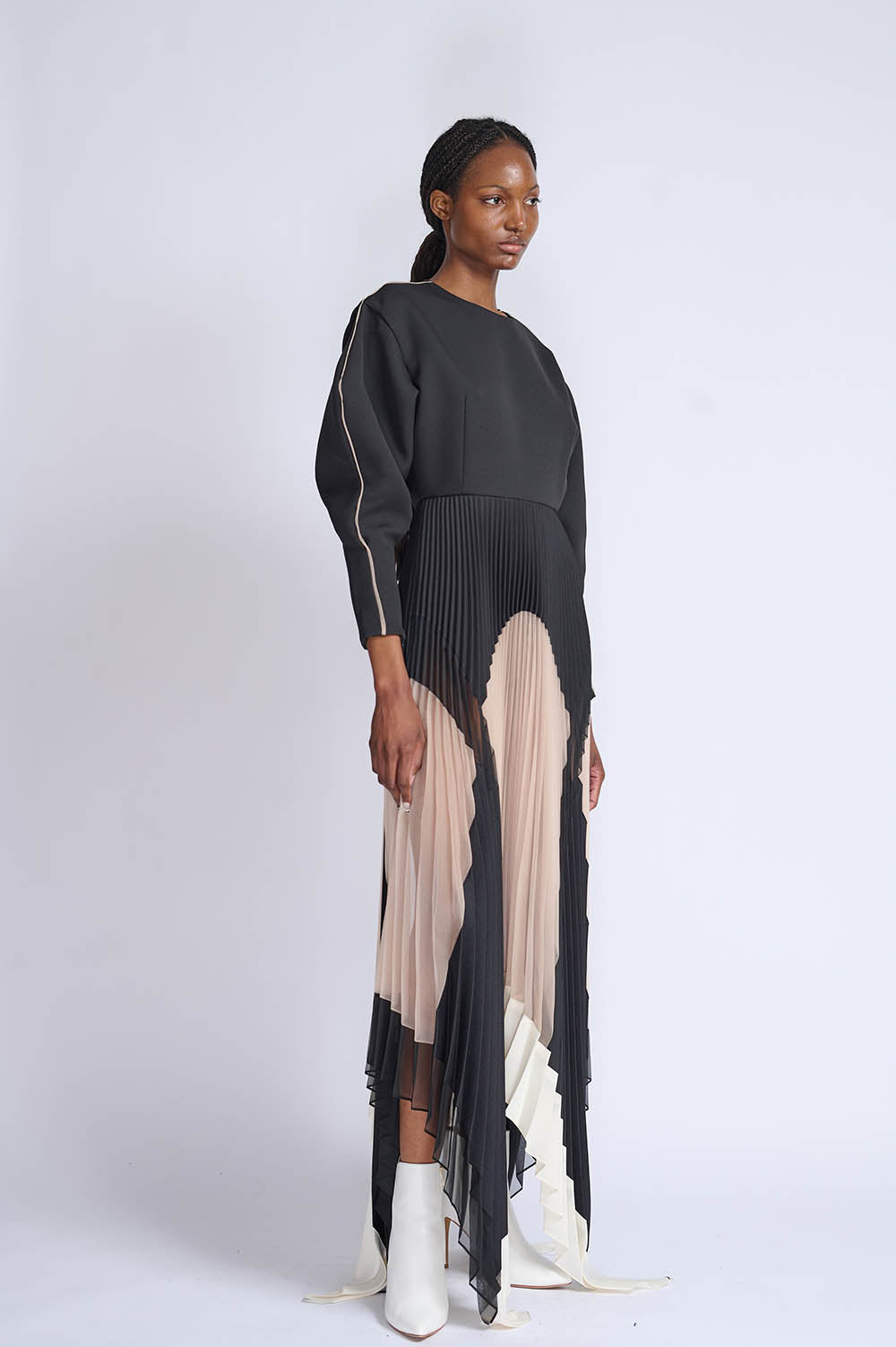 Onyx Cady, Gazaar and Organza Pleated Dress