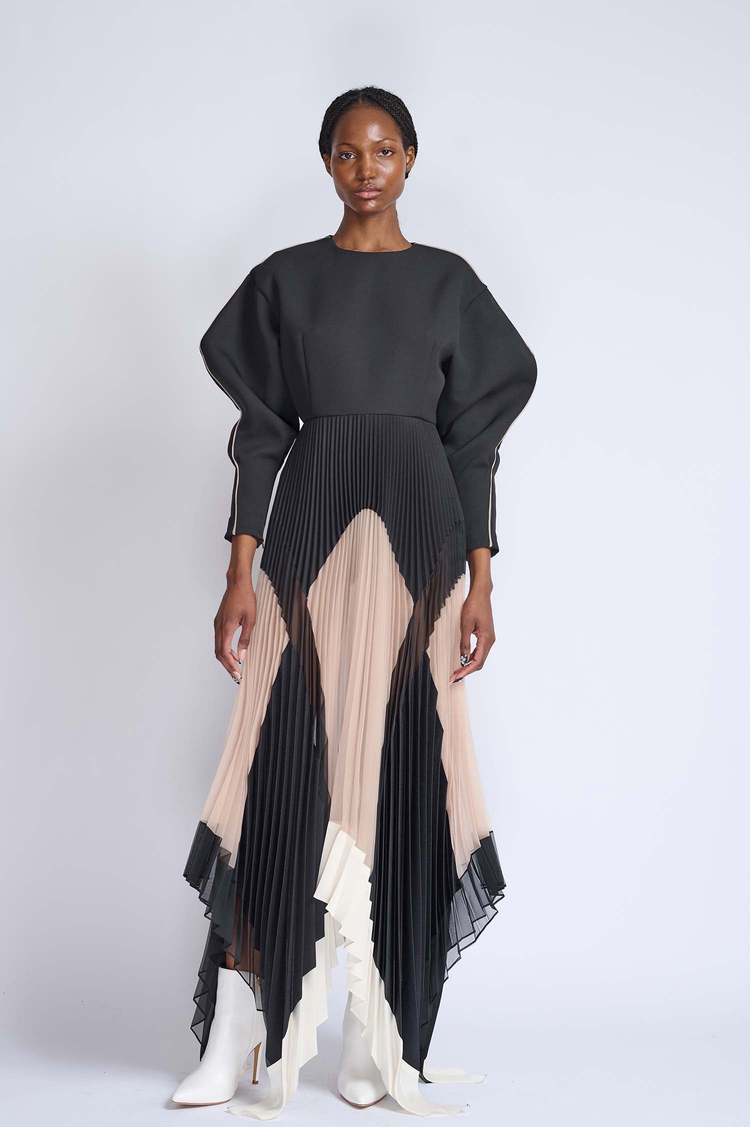 Onyx Cady, Gazaar and Organza Pleated Dress