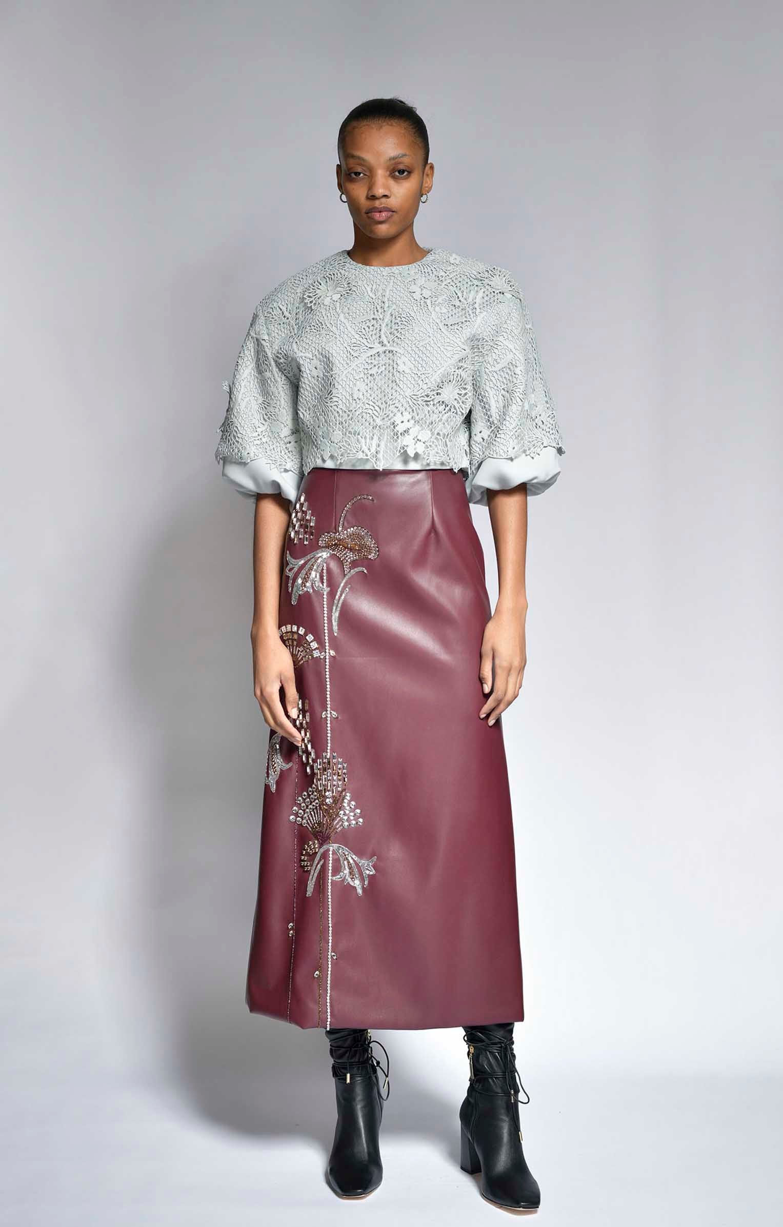 pouf top and vegan leather skirt