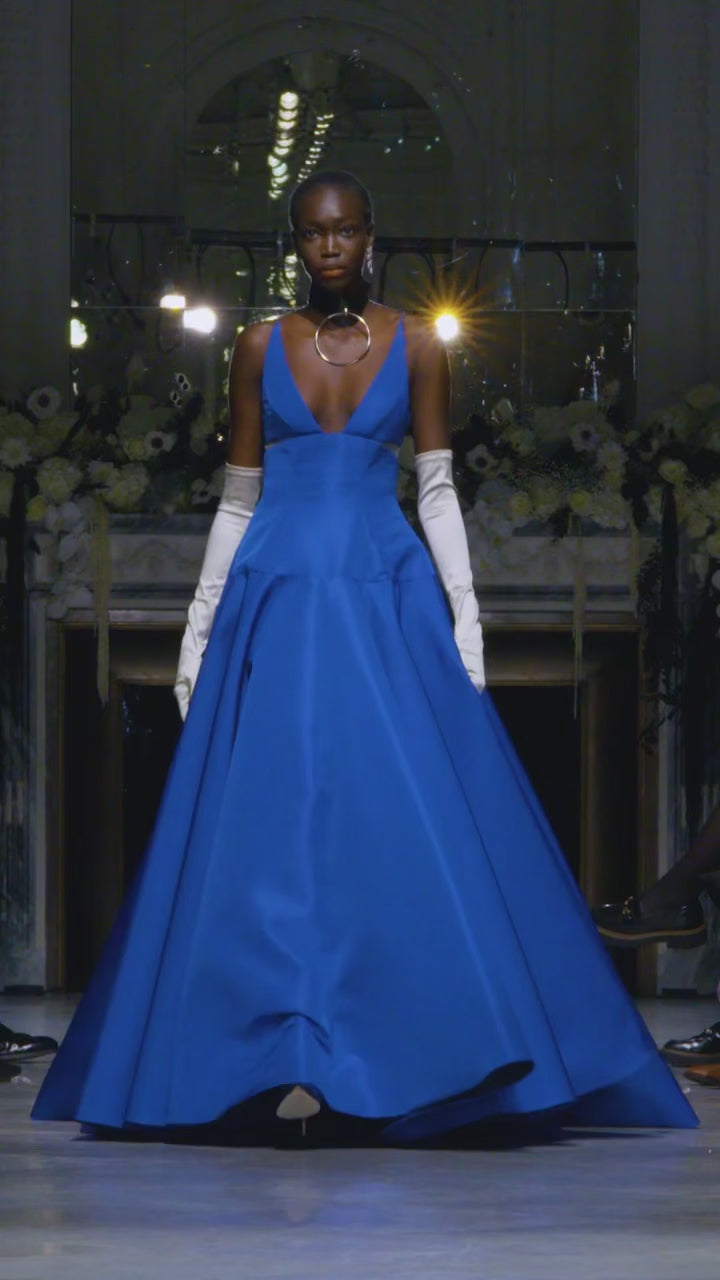 Yves Blue Faille Ball Gown With Sheer Insets