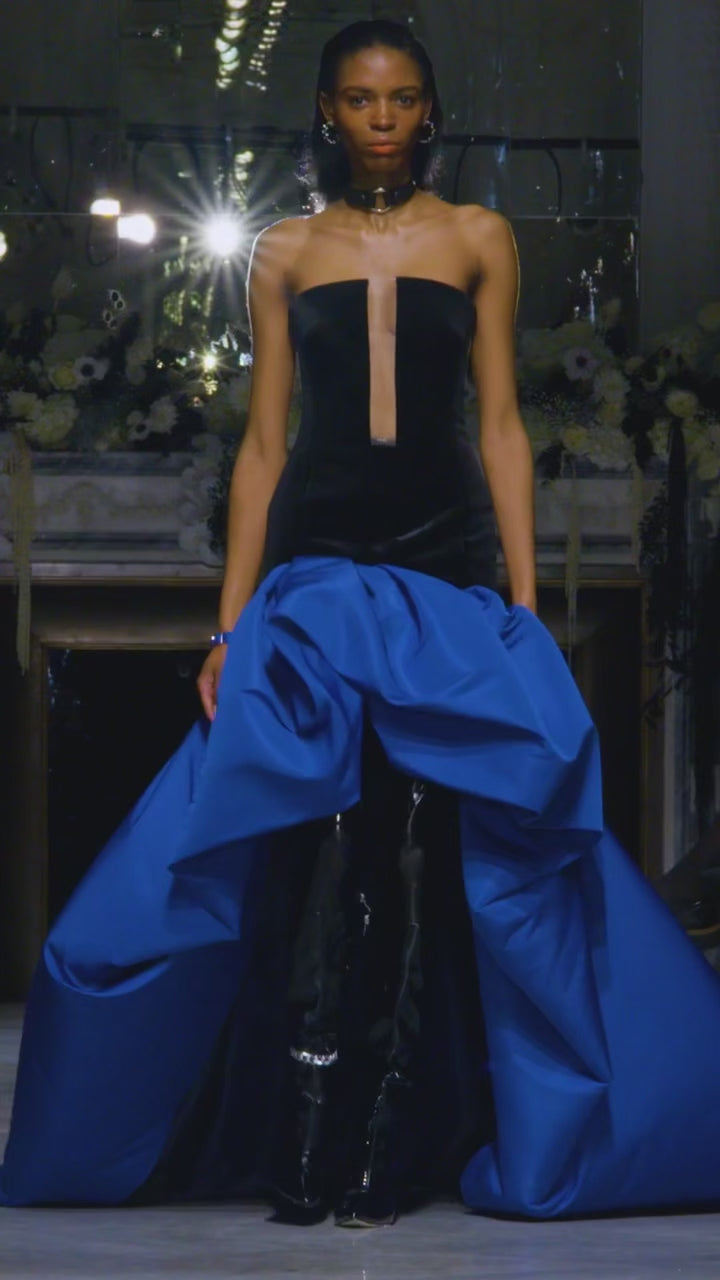 Onyx Velvet Strapless Dress With Yves Blue Faille Pouf Train