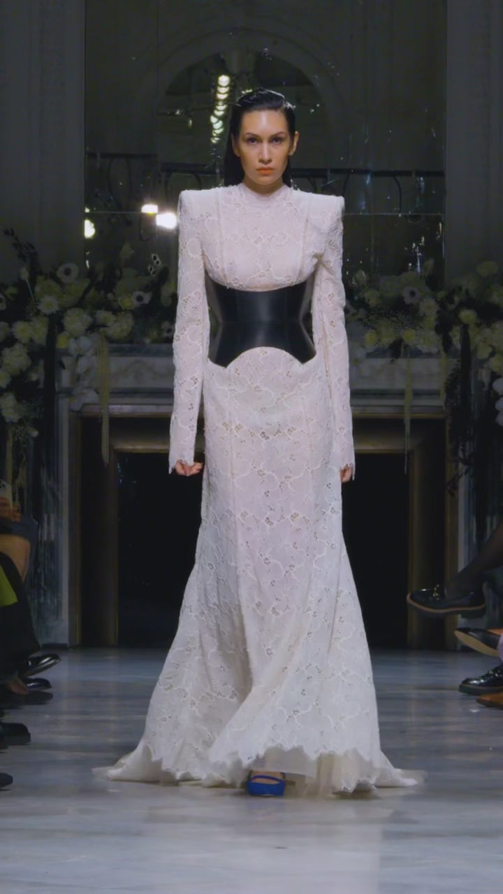 Ivory Lace and Tulle Gown with Sharp Shoulders video