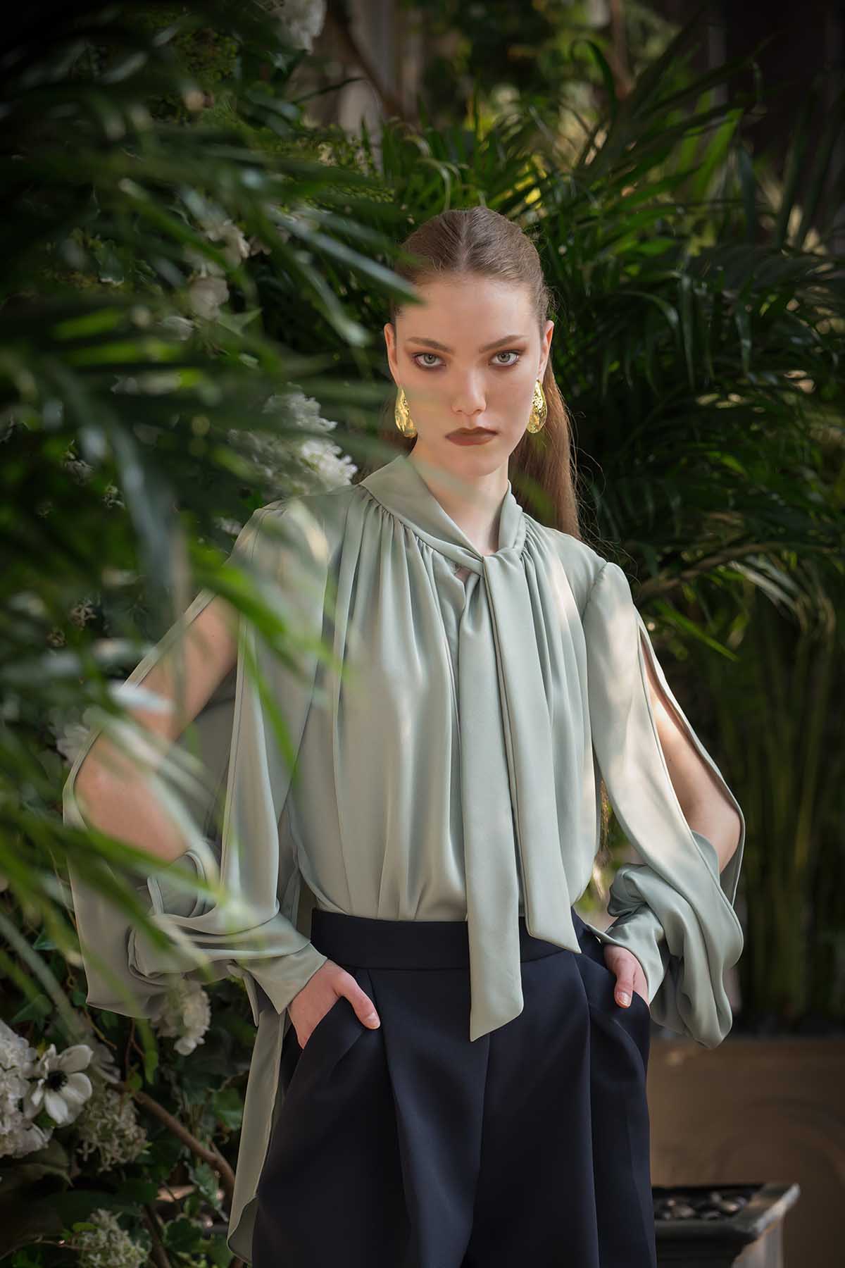 Seafoam Green Crepe Pussy Bow Blouse with Blouson Sleeves