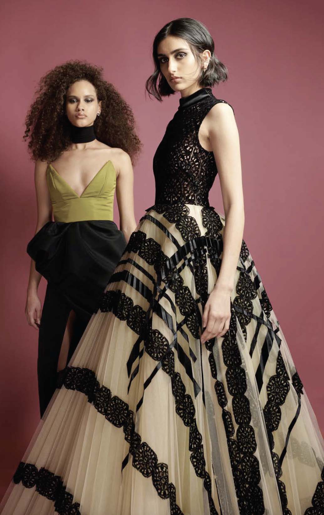 Velvet and Flocked Lace Gown with Pleated Tulle Appliqué Skirt