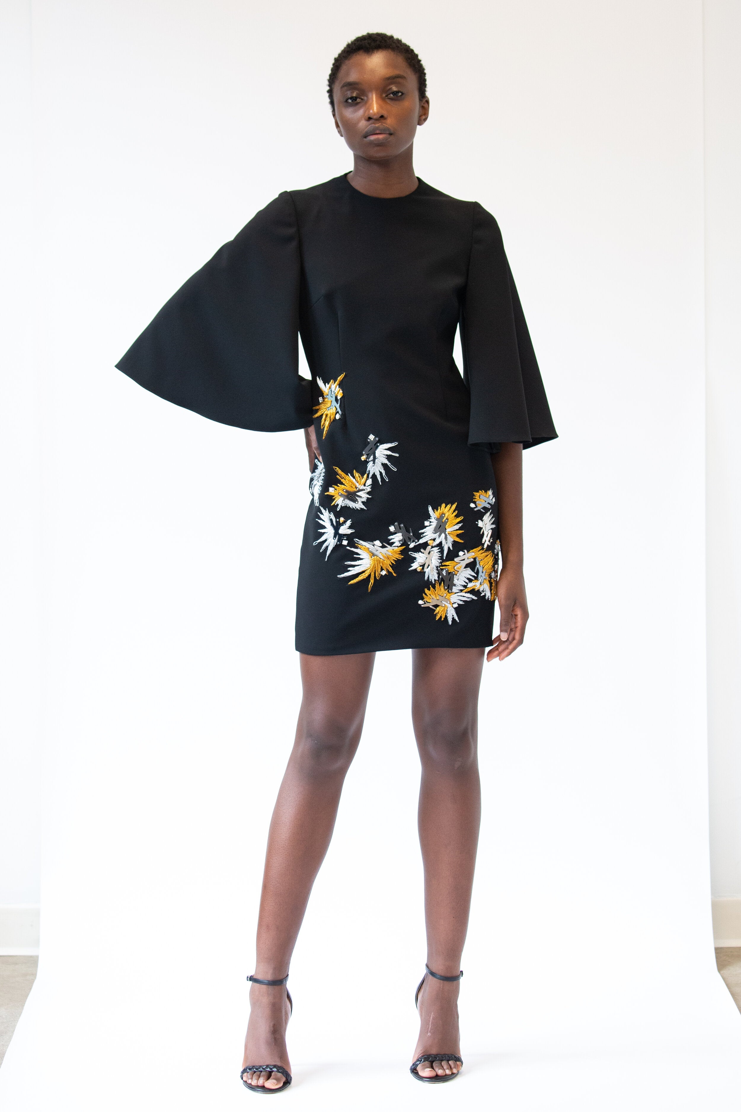 Laser Cut B Mirror and Raffia Embroidered Bell Sleeve Mini Dress 1