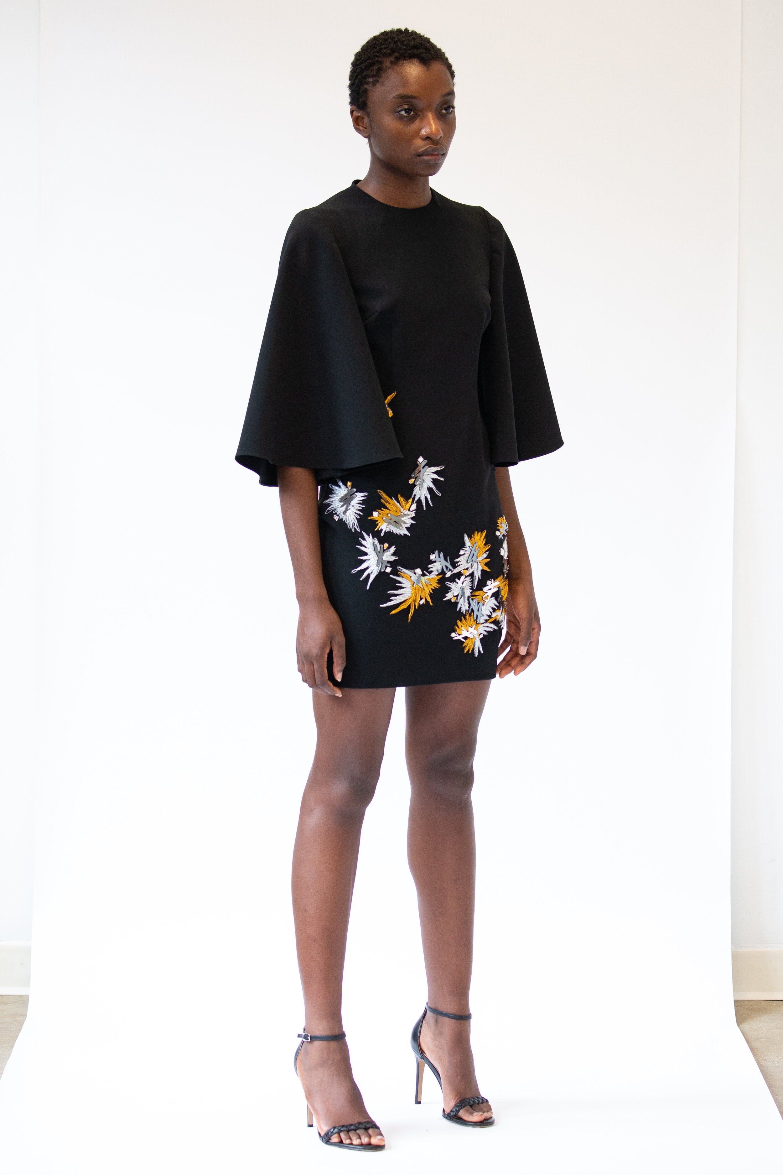 Laser Cut B Mirror and Raffia Embroidered Bell Sleeve Mini Dress 3