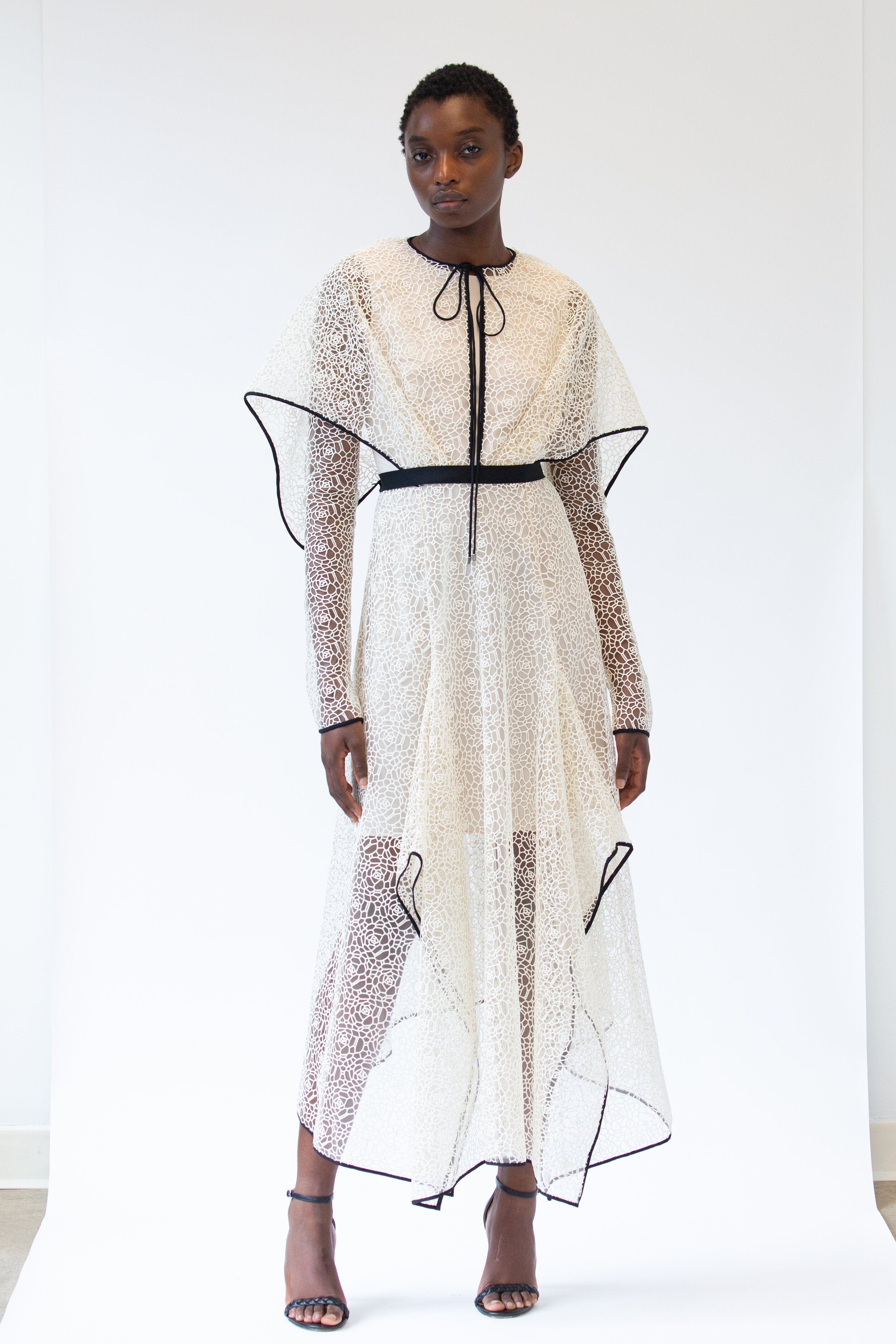 Guipure Lace Dress with Wing Cape and Ribbon Belt 2