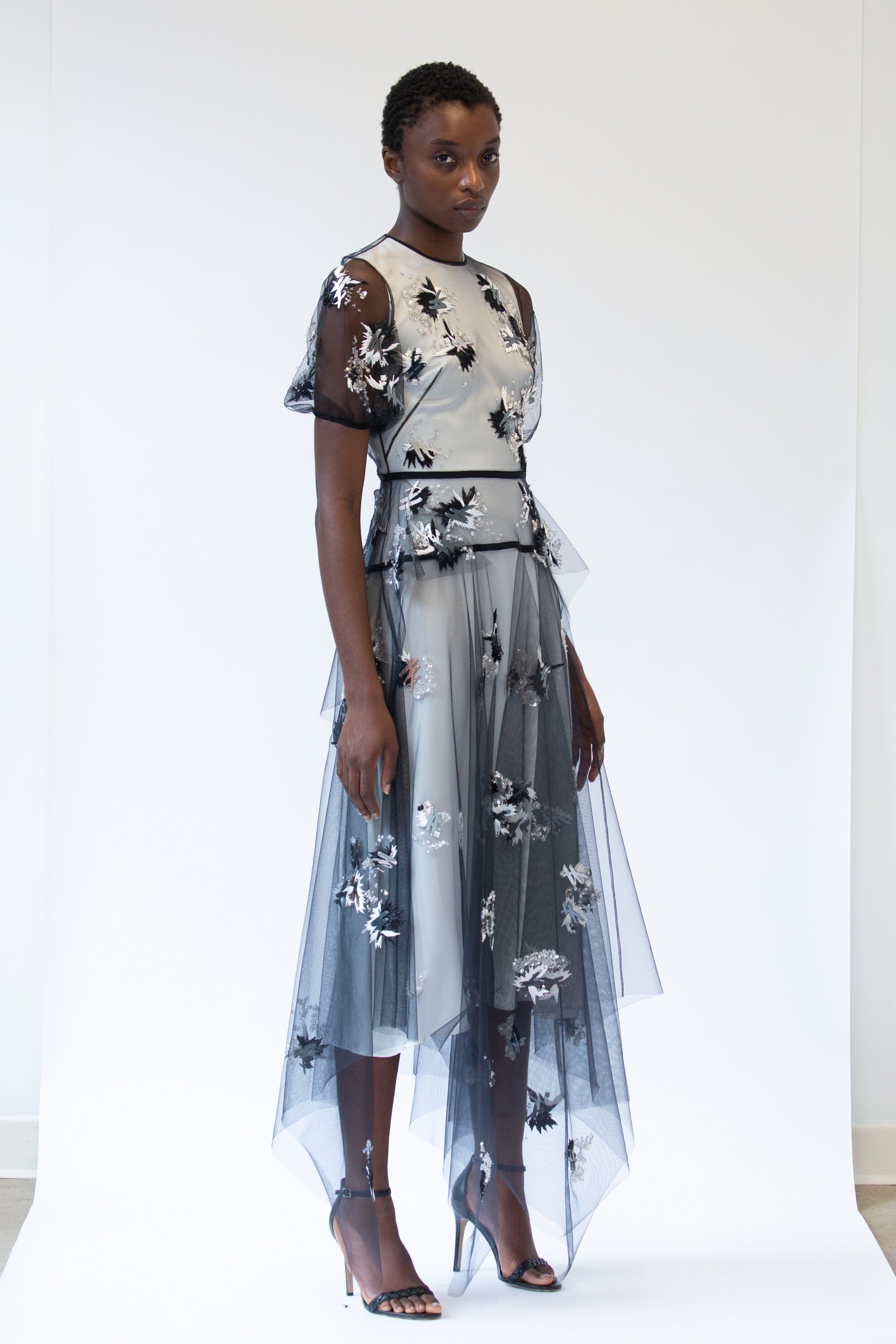 Laser Cut B Mirror and Raffia Embroidered Tulle Dress with Asymmetric Hem 3