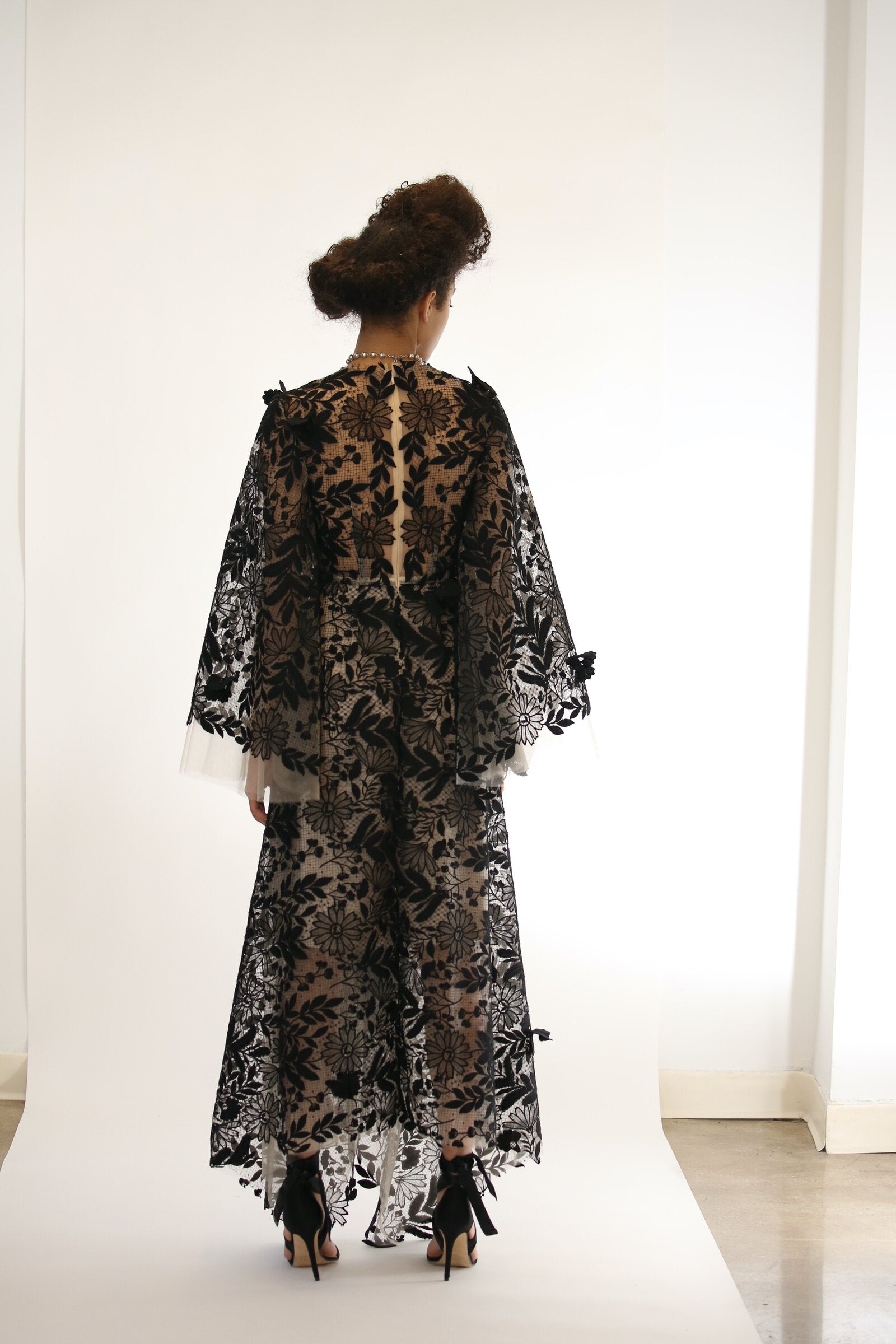 Guipure Lace Dress with Bell Sleeves and Handkerchief Hem 3