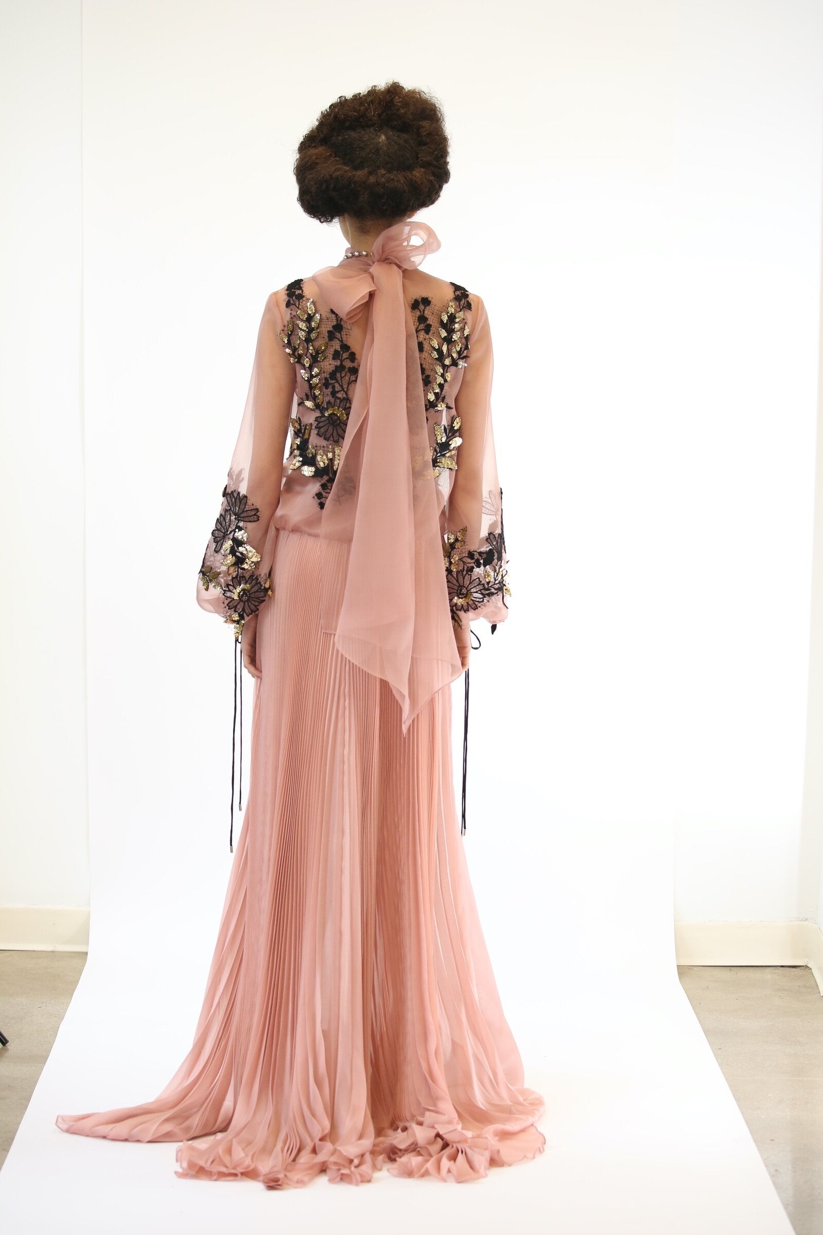 Silk Organza And Pleated Satin Chiffon Gown With Gold Crystal Embroidery On Lace Appliques 3